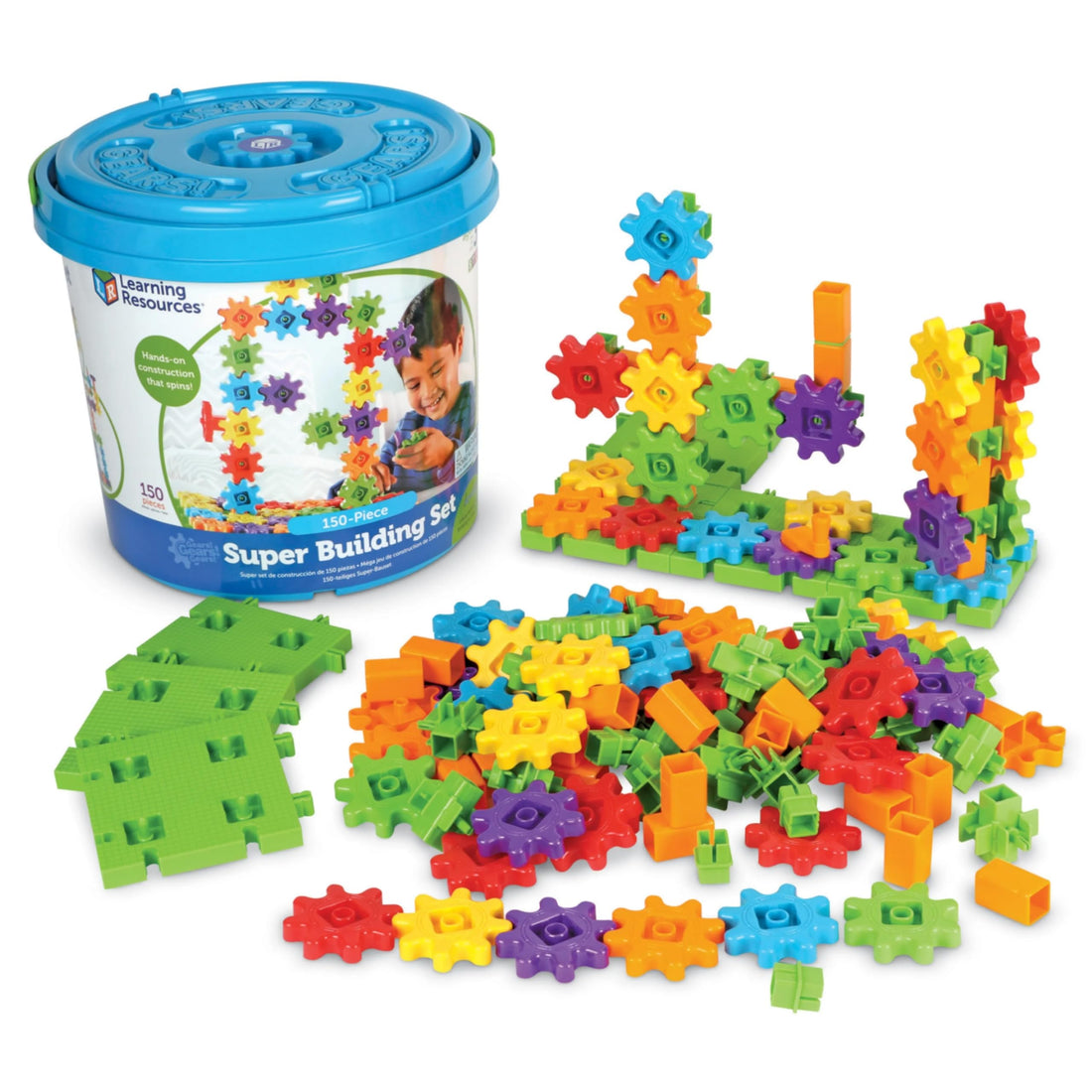 Learning Resources Gears! Gears! Gears! 150-piece set with colorful gears, green bases, and blue-lidded container