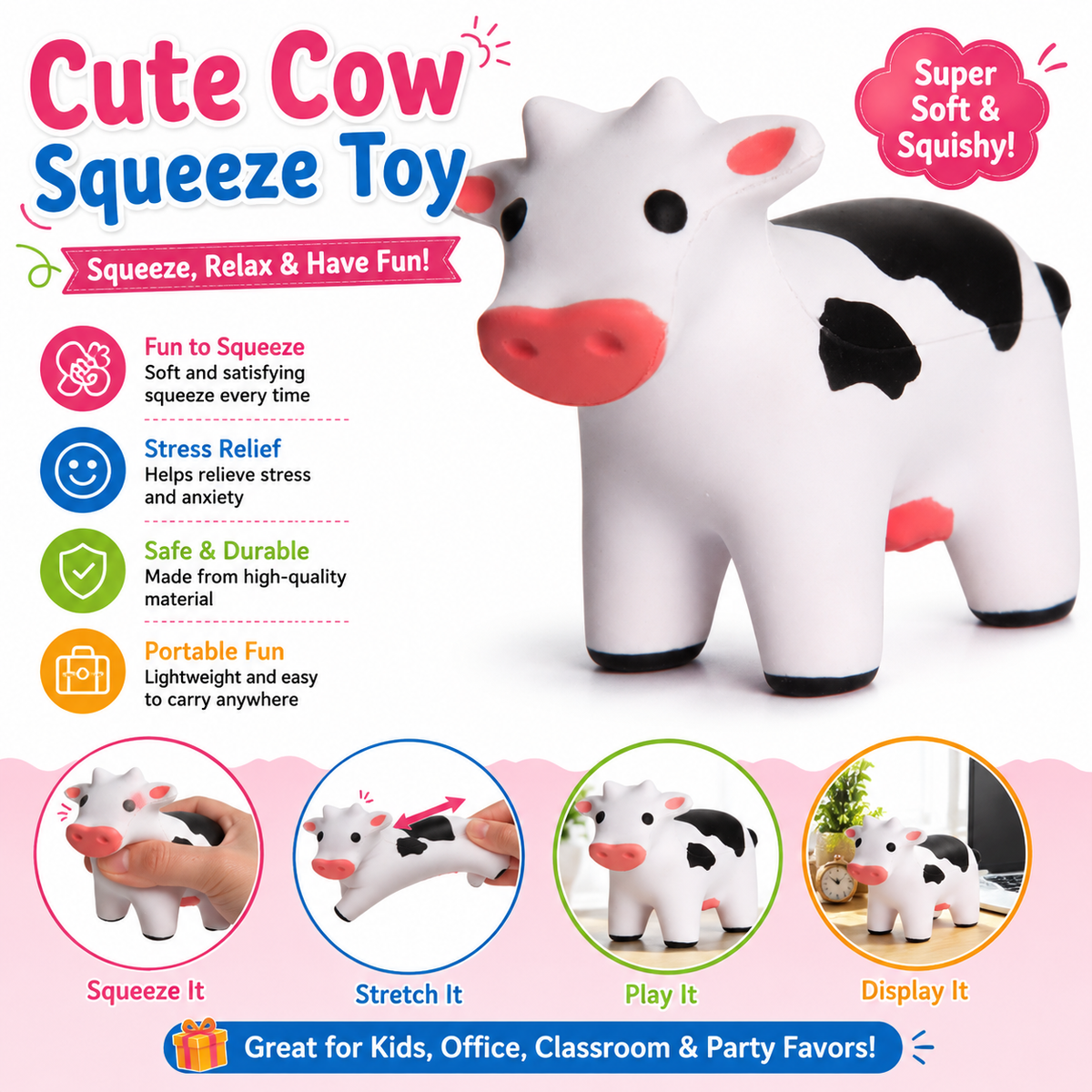 Cute Cow Squishy Squeeze Toy – Soft Sensory Fidget Toy for Kids