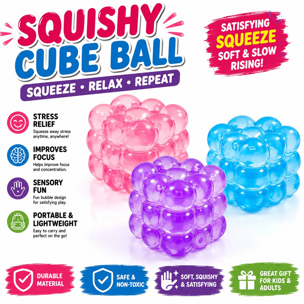 Squishy Stress Cube, High Density Stress Cube Fidget Toys, Slow Rising Sensory Stress Balls for Autism, Kids and Adults, Sugar Squishy Toys for Classroom Prizes, Cube Squishy for Party Favors (Blue)