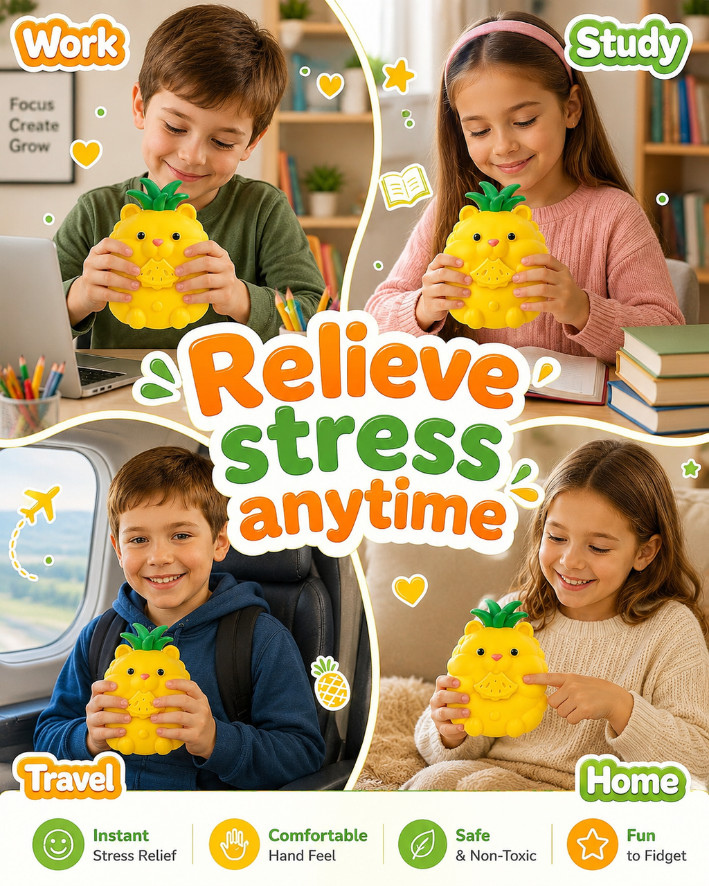 Pineapple Bear Squishy Toy – Cute Squeeze Fidget Toy for Kids & Adults