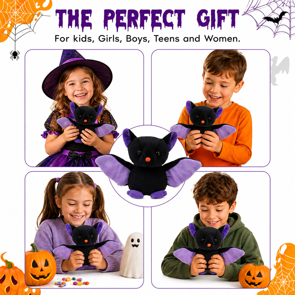 Plushland Halloween Black Bat Stuffed Animal Plush Toys,Soft Toy Gifts for Kids 7 Inch