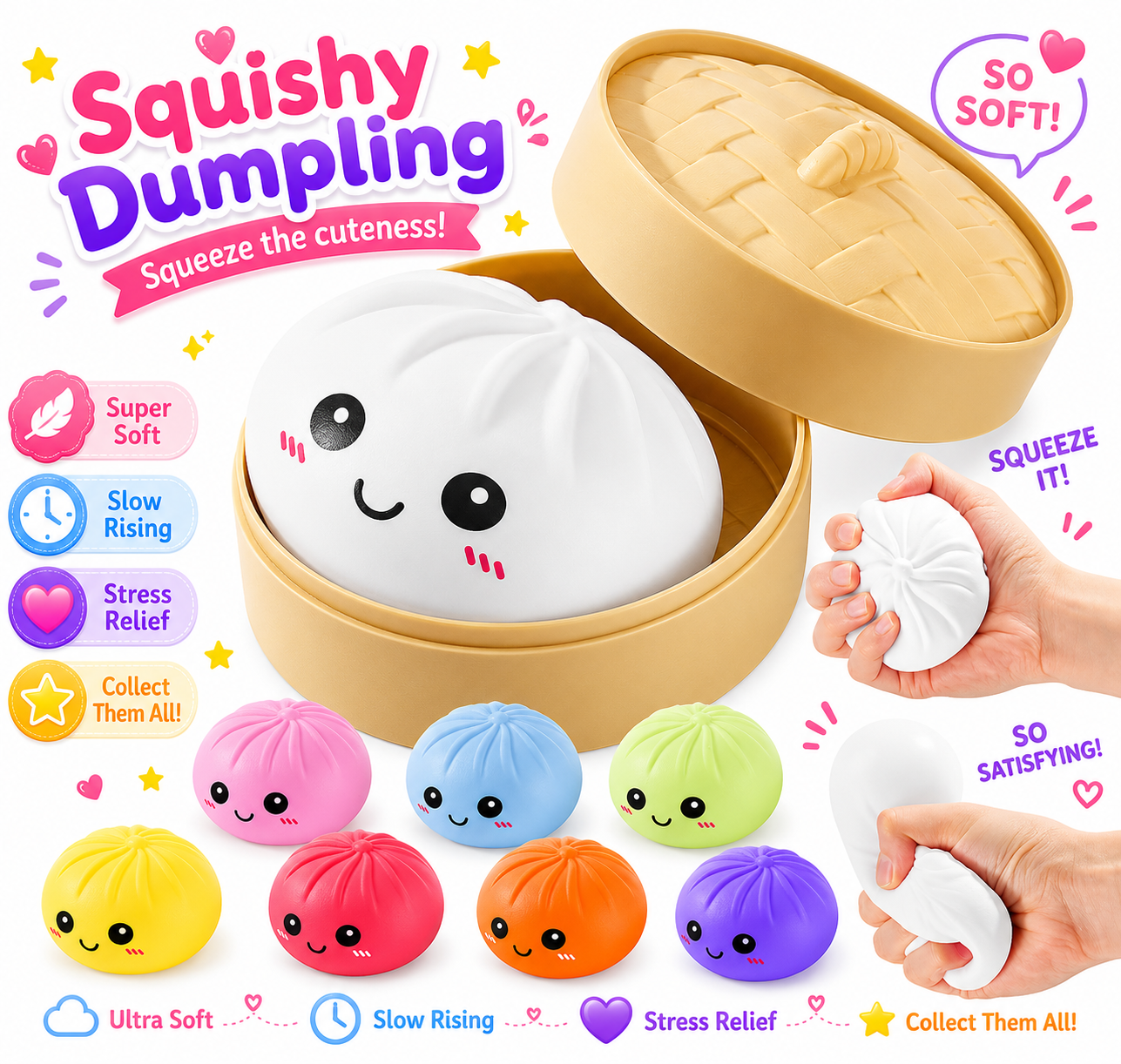 Dumpling Squishy Toys -  Gaint Dumpling Squishy Mystery Box - Assorted Colors - Colorful Squishies Dumplings Stress Balls Toy - Stocking Stuffers with Food Steamer Stretchy Desk Toy