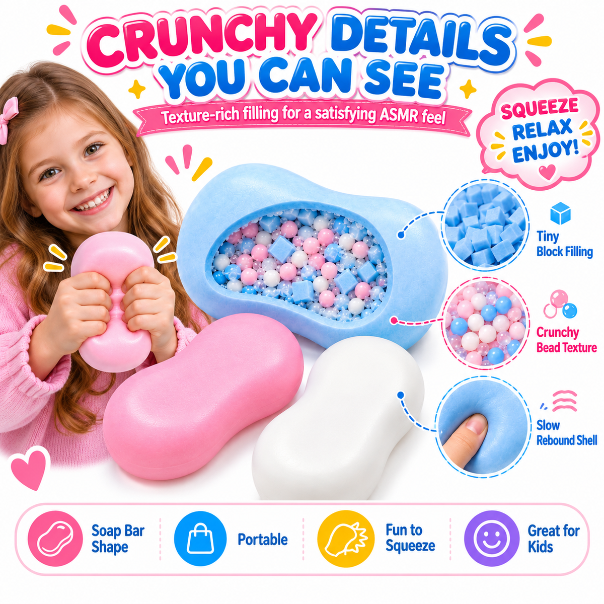 Crunchy Soap Squishy ASMR Toy - Soft Squeeze Fidget Toy with Satisfying Crunchy Texture - Soap Shaped Stress Relief Toy with Gift Box - Fun Novelty Gift for Kids Teens Adults (Pink)