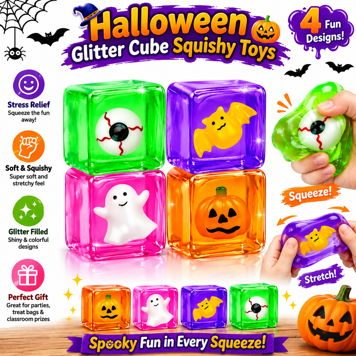 4 Pack Halloween Stress Cube Glow in the Dark Slow Rising Cube Squishy