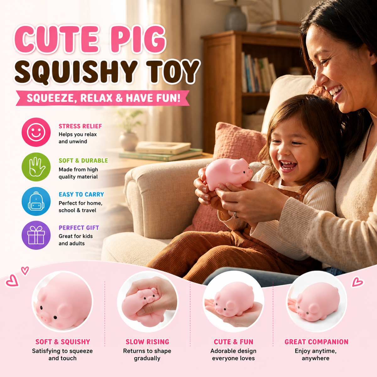 Cute Pig Squishy Toy – Soft Sensory Fidget Squeeze Toy for Kids, Birthday Gifts & Party Favors