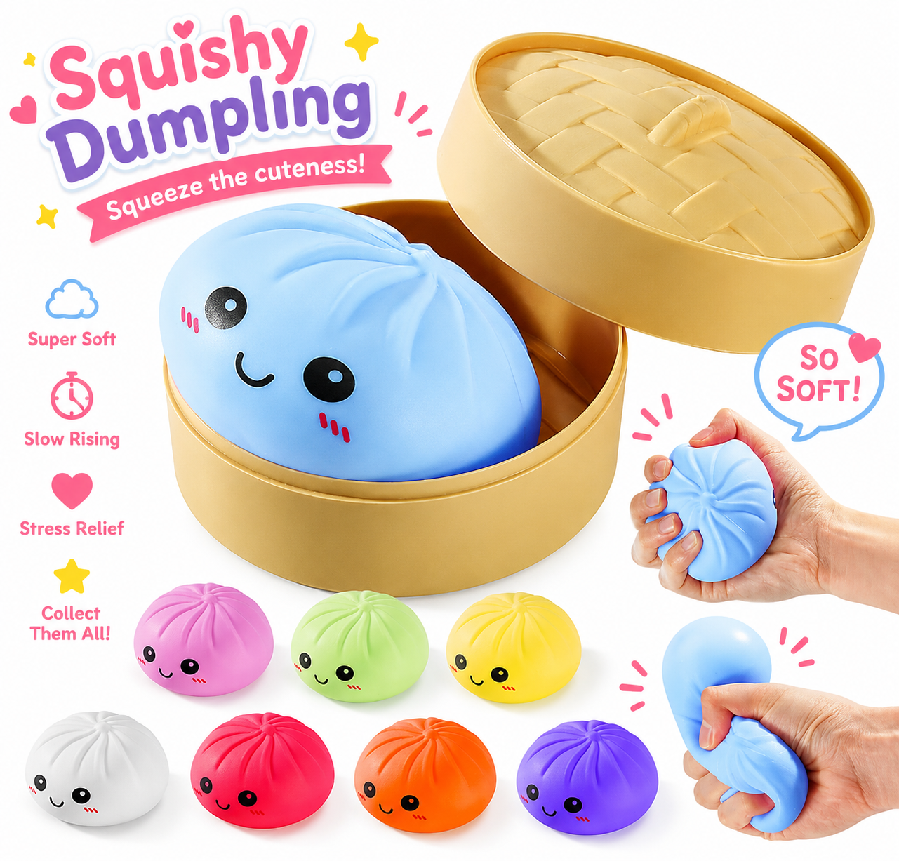 Dumpling Squishy Toys -  Gaint Dumpling Squishy Mystery Box - Assorted Colors - Colorful Squishies Dumplings Stress Balls Toy - Stocking Stuffers with Food Steamer Stretchy Desk Toy