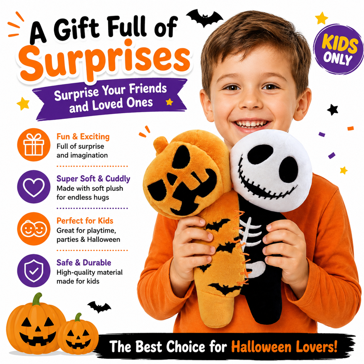 Reversible Halloween Plush 9.8 Inch Pumpkin & Skeleton Dual Head Black