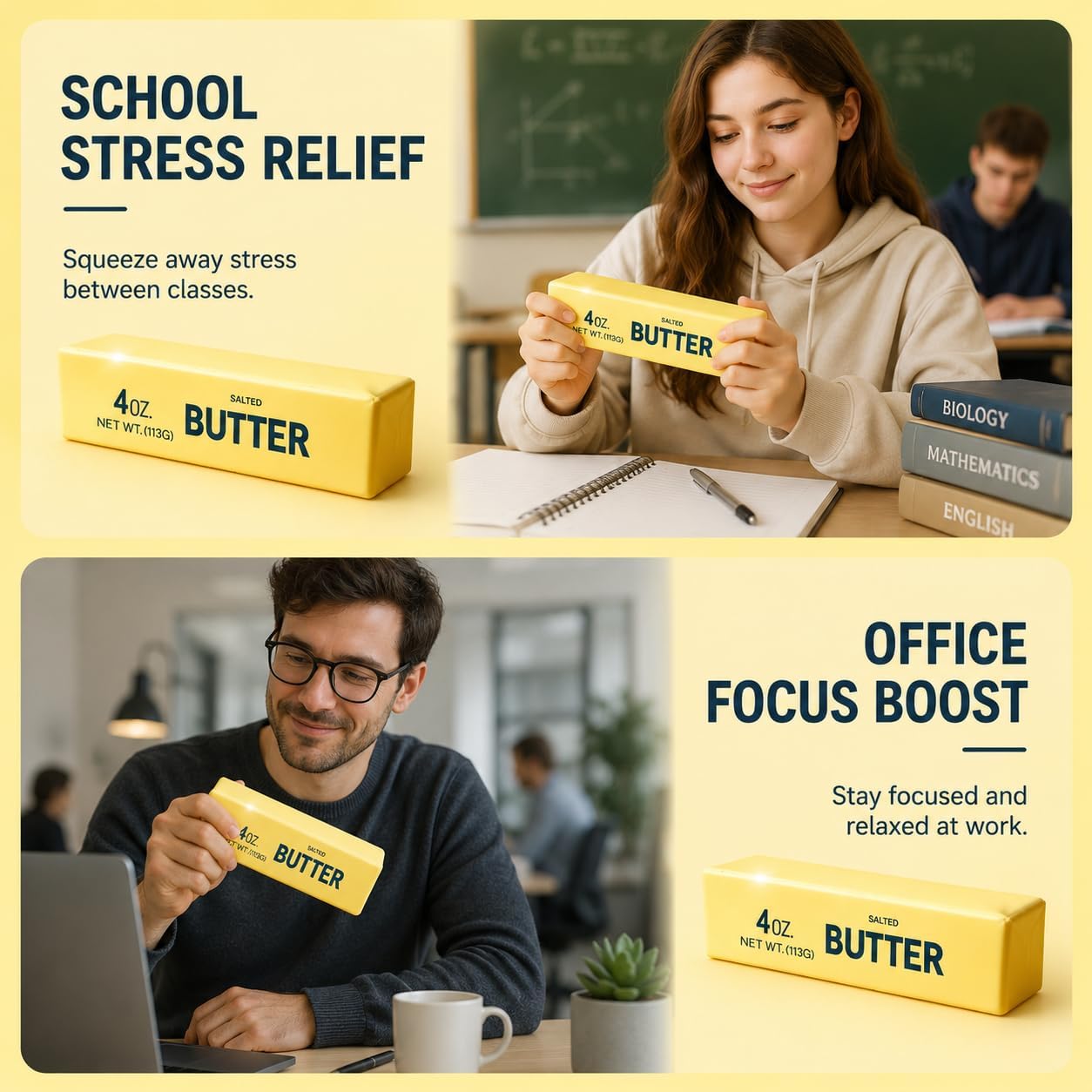 2Pcs Slow Rising Butter Squishy Toy - Squishy Butter Stick - Food Squishies Swuishy Butter Stress Ball - ﻿Butter Squishy Cheap Suitable for Adults and Children - Home - Office - Travel（Yellow）