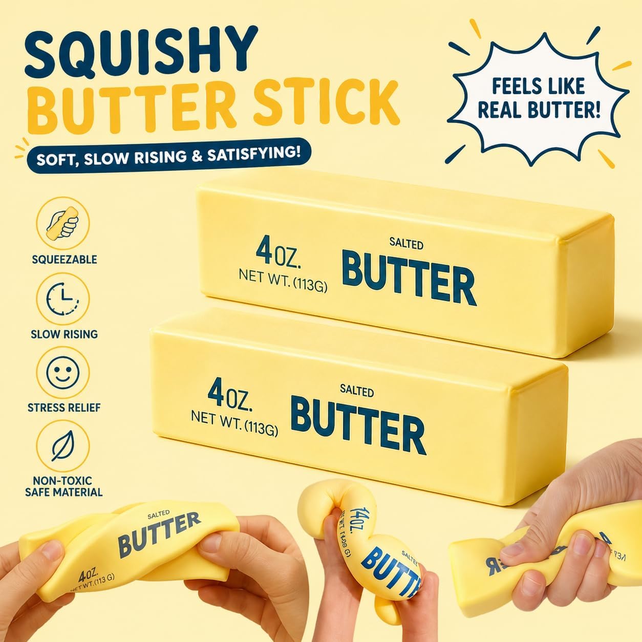 2Pcs Slow Rising Butter Squishy Toy - Squishy Butter Stick - Food Squishies Swuishy Butter Stress Ball - ﻿Butter Squishy Cheap Suitable for Adults and Children - Home - Office - Travel（Yellow）
