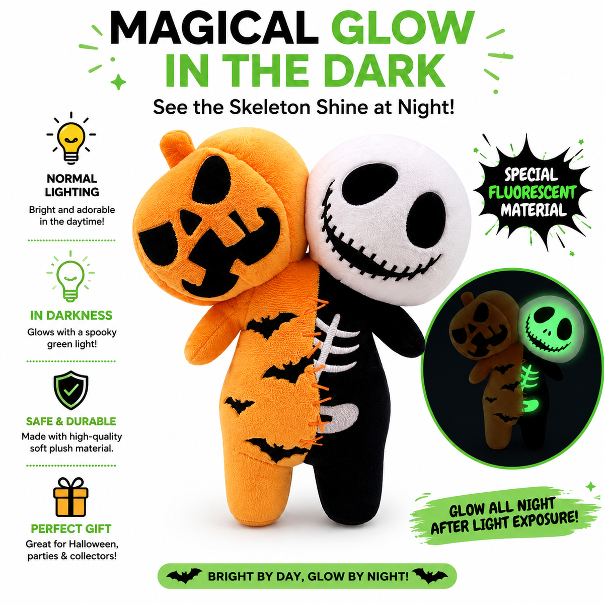 Reversible Halloween Plush 9.8 Inch Pumpkin & Skeleton Dual Head Black
