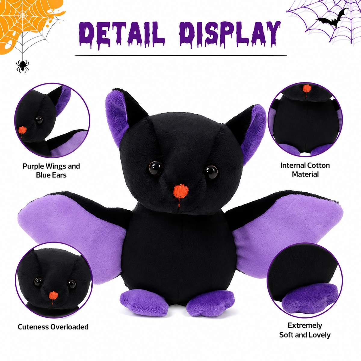 Plushland Halloween Black Bat Stuffed Animal Plush Toys,Soft Toy Gifts for Kids 7 Inch