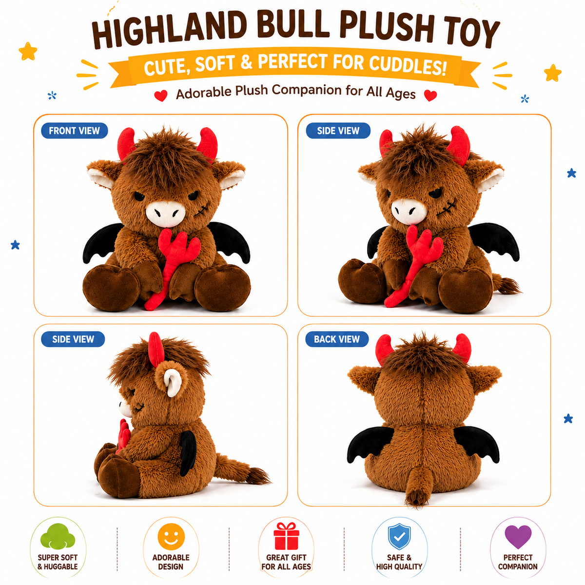 Highland Cow Stuffed Animal – Cute Devil Cow Plush Toy Gift