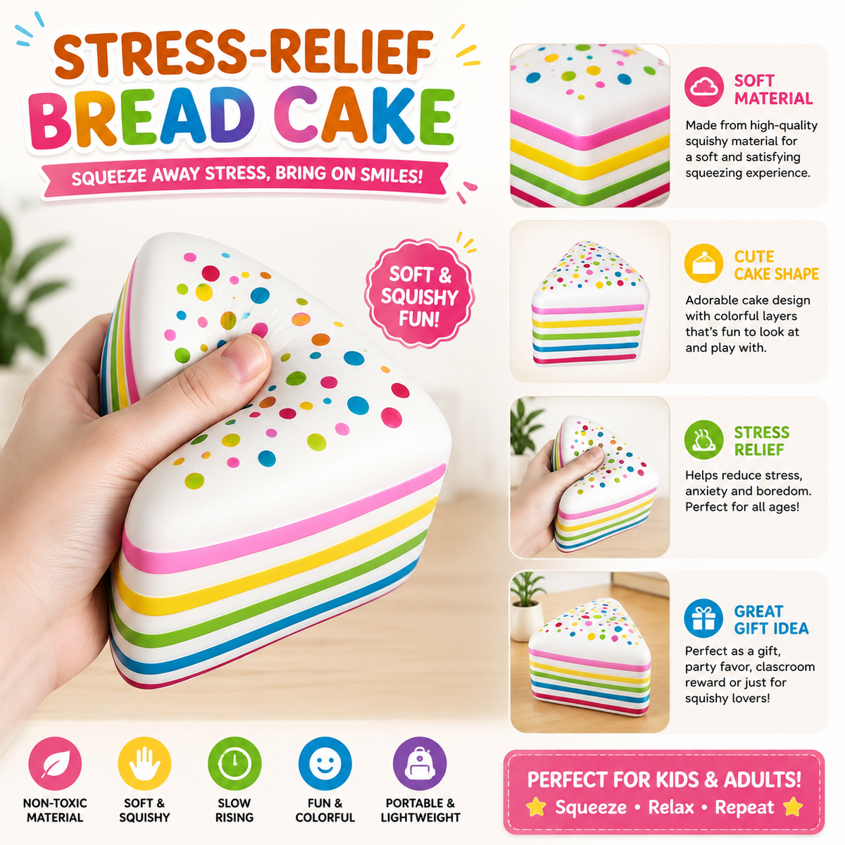 Cake Squishy, Slow Rising Cake Squeeze Fidget Sensory Toy Giant Layer Cake Soft Relief Squishy for Adults Birthday Gift Party Favor (1pcs)