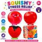 4 PCS Squishy Toy Set – Donut, Apple, Strawberry & Colorful Cube Sensory Squeeze Toys