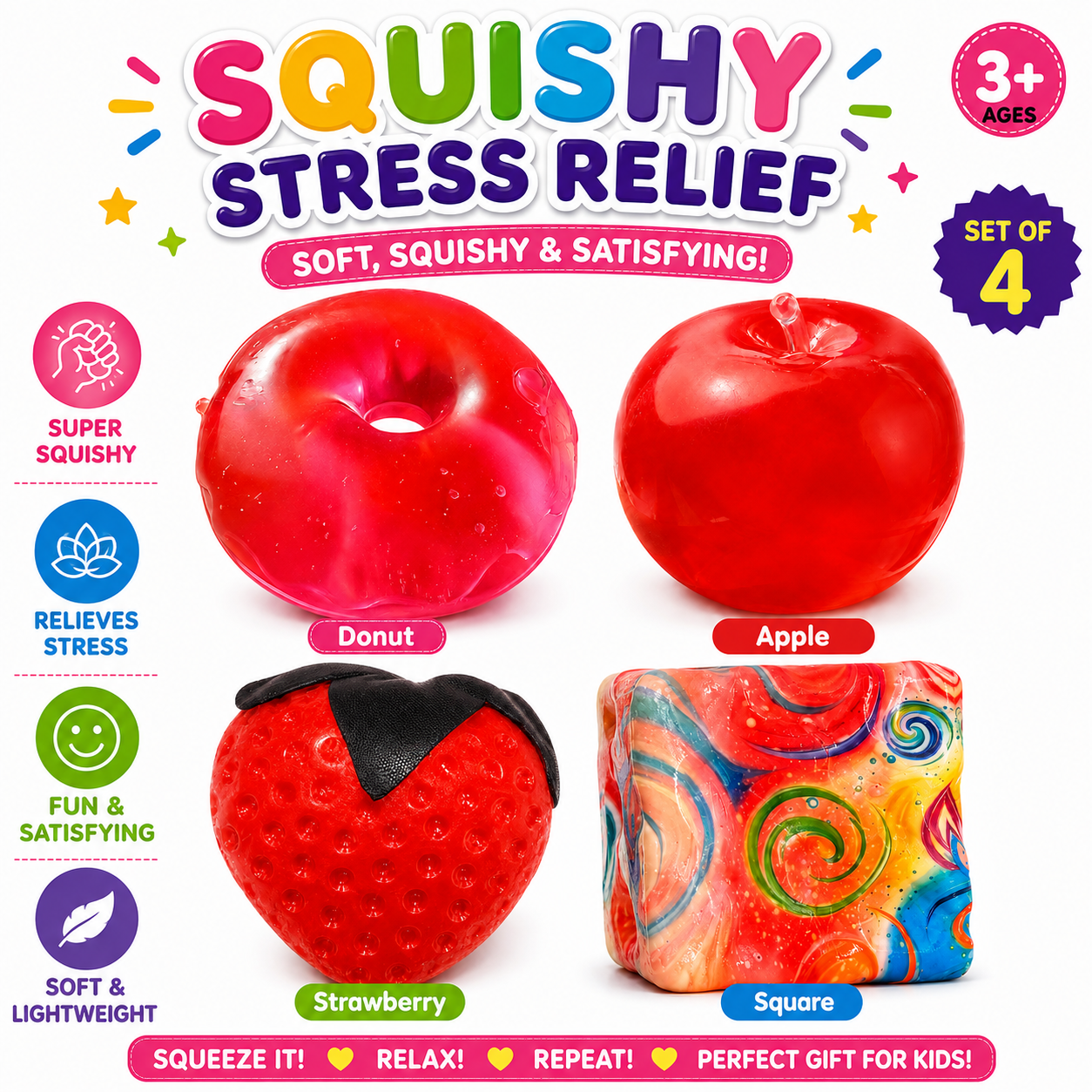 4 PCS Squishy Toy Set – Donut, Apple, Strawberry & Colorful Cube Sensory Squeeze Toys