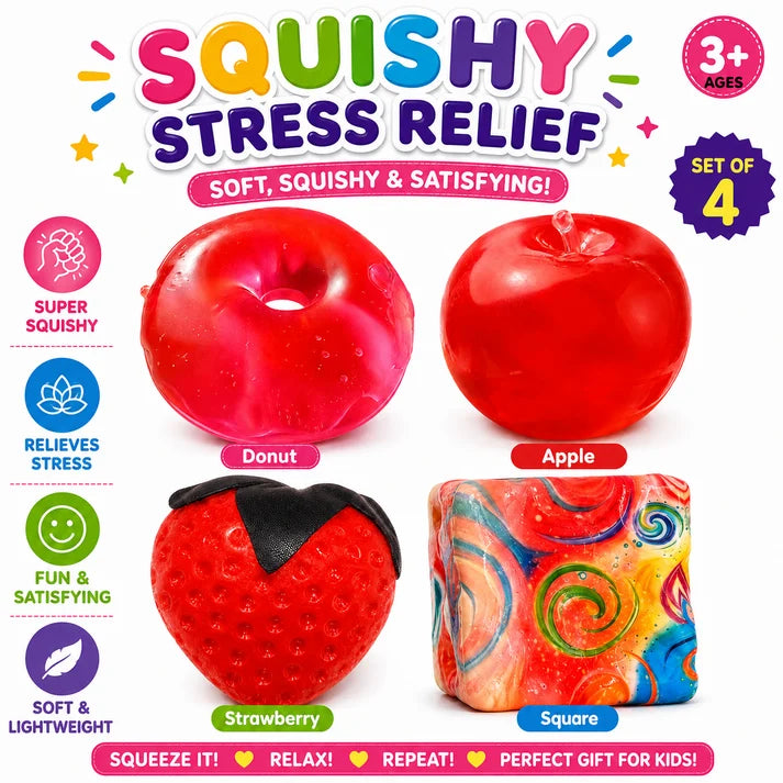 4 PCS Squishy Toy Set – Donut, Apple, Strawberry & Colorful Cube Sensory Squeeze Toys