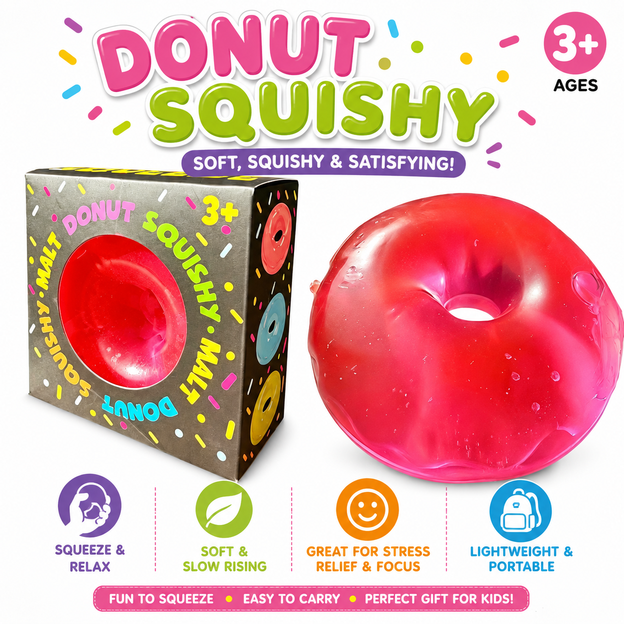 4 PCS Squishy Toy Set – Donut, Apple, Strawberry & Colorful Cube Sensory Squeeze Toys
