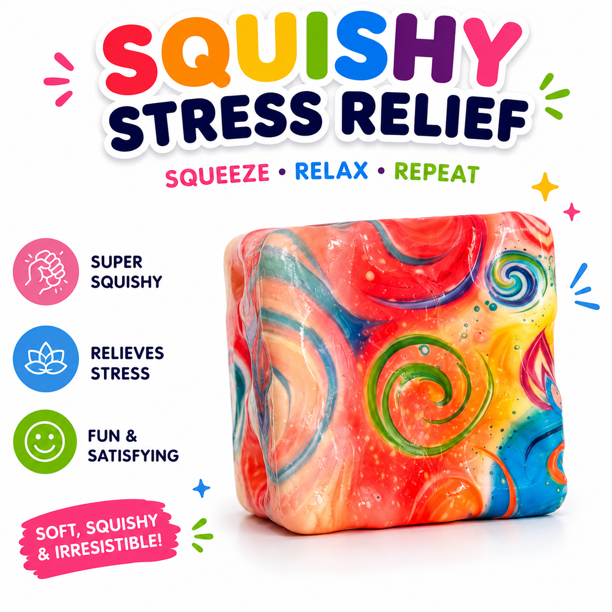 4 PCS Squishy Toy Set – Donut, Apple, Strawberry & Colorful Cube Sensory Squeeze Toys