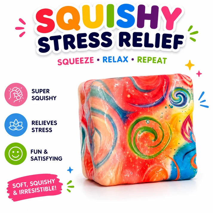 4 PCS Squishy Toy Set – Donut, Apple, Strawberry & Colorful Cube Sensory Squeeze Toys