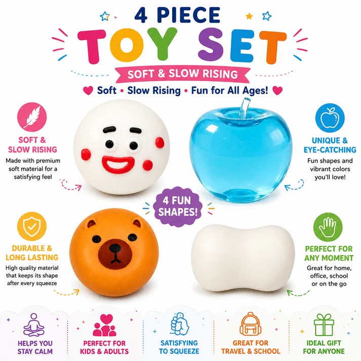 4 Pack Squishy Toys - Soft Slow Rising Sensory Squeeze Toy Set - Cute Fidget Toys for Kids and Adults