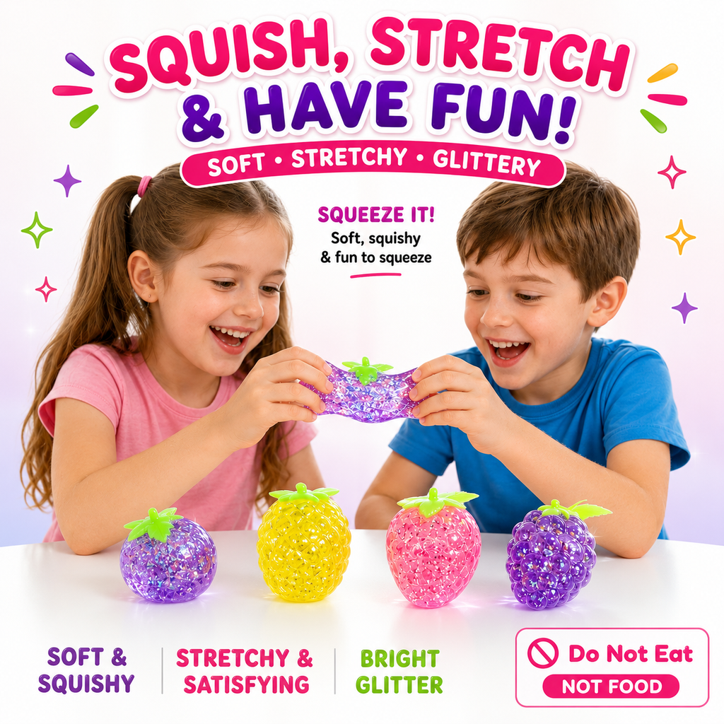 3pc Fruit Squishy Stress Balls - Glitter Squishies Fruit Squishy Pack - Pineapple - Strawberry - Grapes Cute Sensory Fruit Squishies Toys for Birthday Gifts - Ideal for Relax, Focus - Party Favors