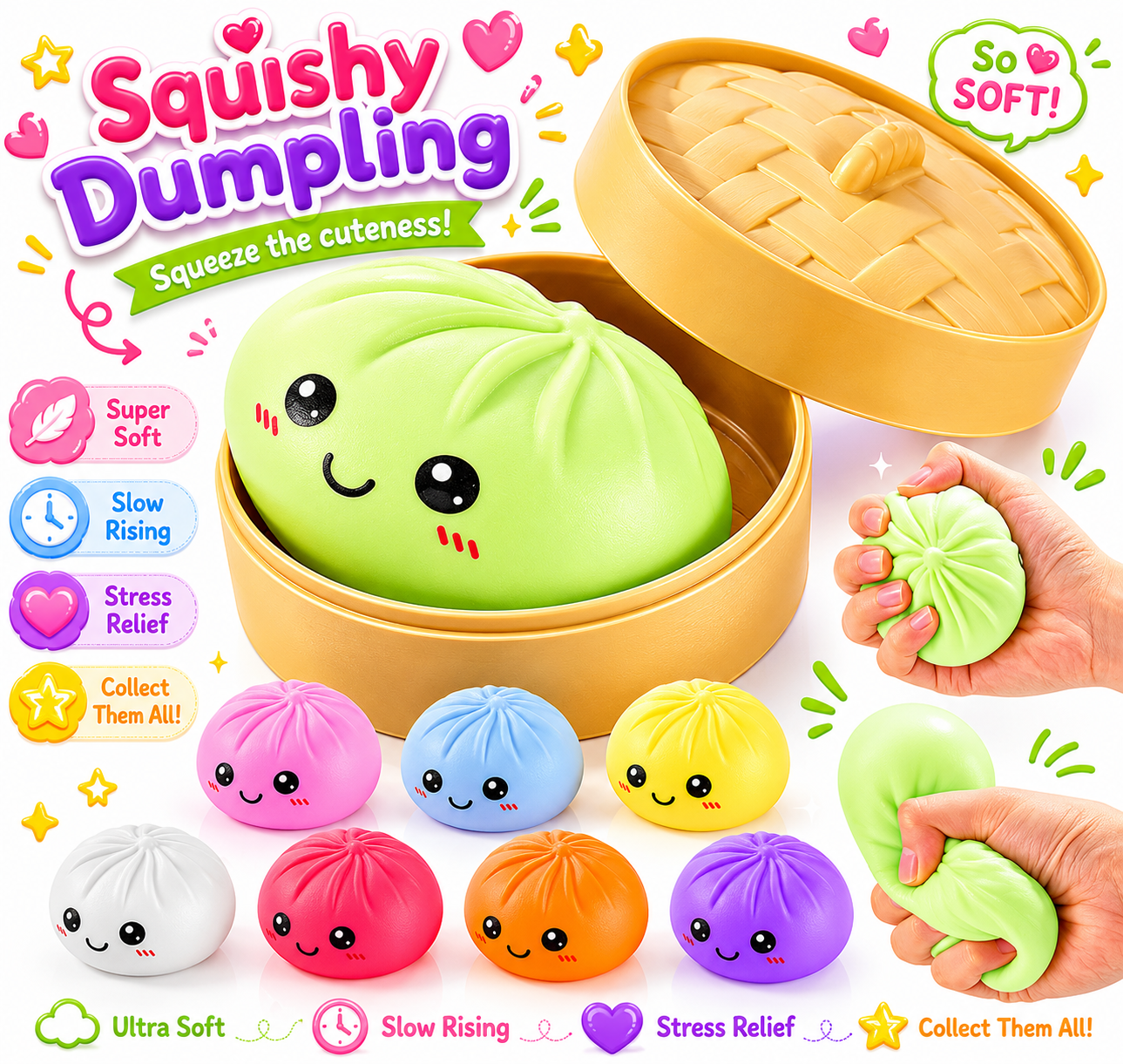 Dumpling Squishy Toys -  Gaint Dumpling Squishy Mystery Box - Assorted Colors - Colorful Squishies Dumplings Stress Balls Toy - Stocking Stuffers with Food Steamer Stretchy Desk Toy
