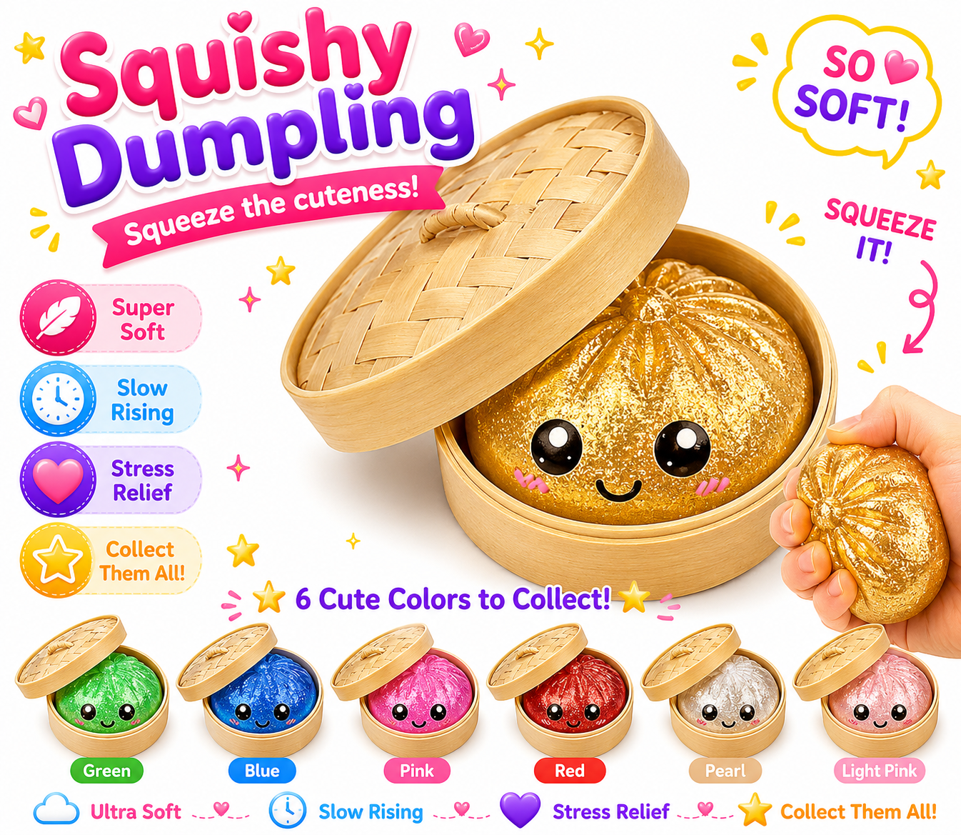 Dumpling Squishy Toys -  Gaint Dumpling Squishy Mystery Box - Assorted Colors - Colorful Squishies Dumplings Stress Balls Toy - Stocking Stuffers with Food Steamer Stretchy Desk Toy