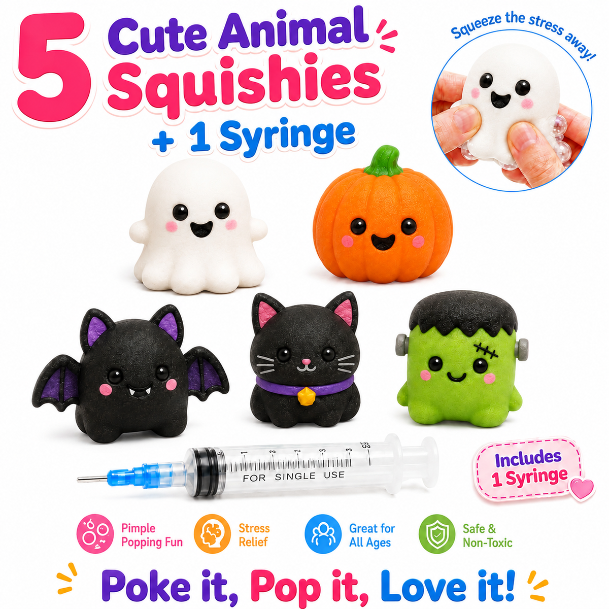 Halloween Pimple Popping Toy Set with Syringe for Squishies -5 Pack Halloween Squishy Needle Air Injection Fidget Toys - Pimple Popper Toy ASMR Sensory Stress Relief Toys - Halloween Party Favors