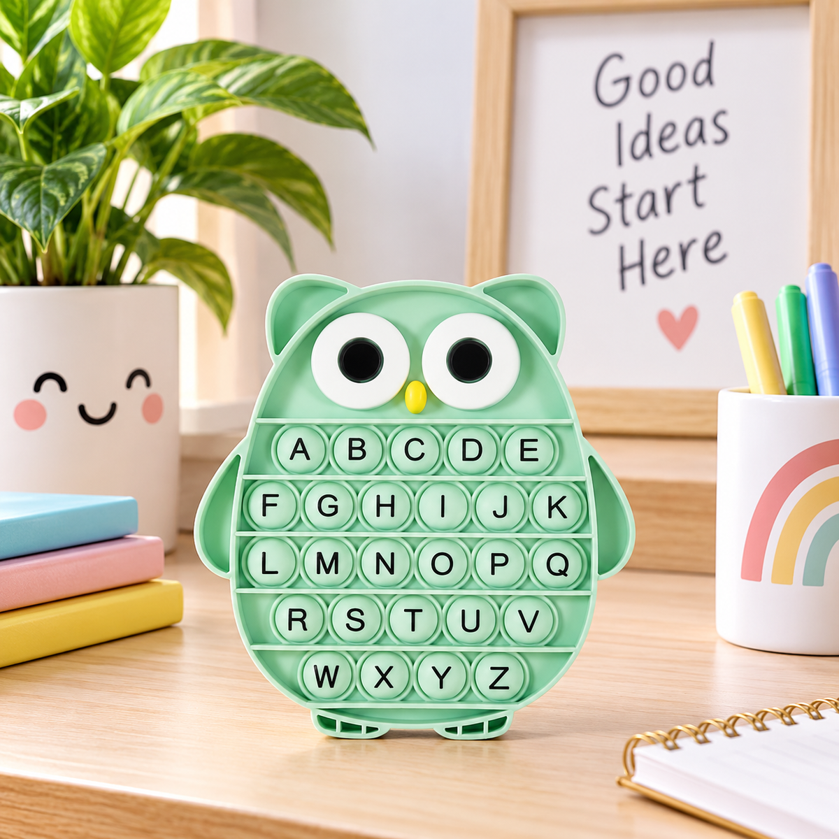 Push Pop Bubble Fidget Sensory Toy - Silicone Stress Relief Popping Toy - ABC Alphabet Owl Shaped Educational Learning Tools for Toddlers Kids Students (Black Letters-Green)