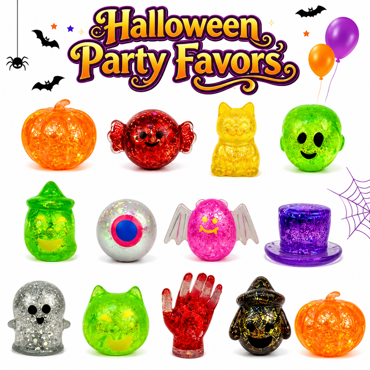 12 Pack Halloween Stress Balls Glitter Squishy Squeeze Toys Sensory Fidget Toys for Kids Stress Relief Halloween Party Favors Halloween Treat Bags Gifts