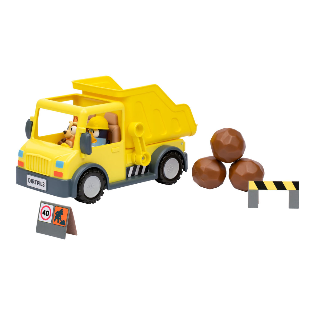 Bluey Dump Truck Toy Playset, Sturdy Working Toy Dump Truck with 2 Articulated Figures and 3 Huge Boulders, Construction Toys for Kids of Ages 3+