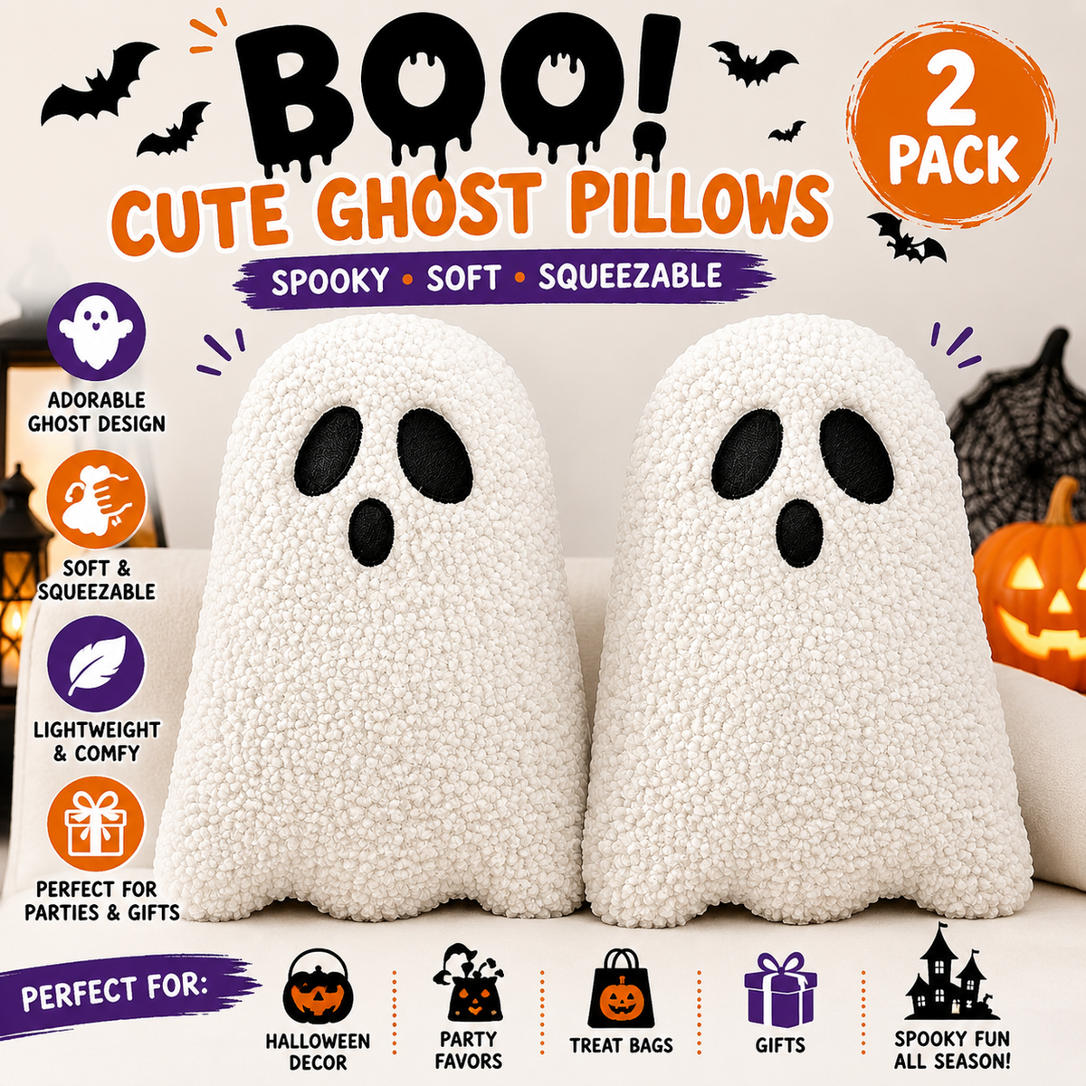 Ghost Pillow-Ghost Decor-Halloween Pillows Set of 2 White Cute Ghost Indoor Decorative Throw Pillow Ghost Plush Pillows for Halloween Decorative Home Sofa Bed Ghost Decor Cushion(11.8 Inch)