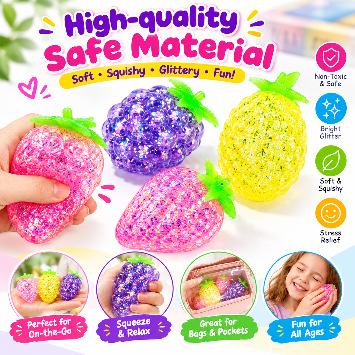 3pc Fruit Squishy Stress Balls - Glitter Squishies Fruit Squishy Pack - Pineapple - Strawberry - Grapes Cute Sensory Fruit Squishies Toys for Birthday Gifts - Ideal for Relax, Focus - Party Favors