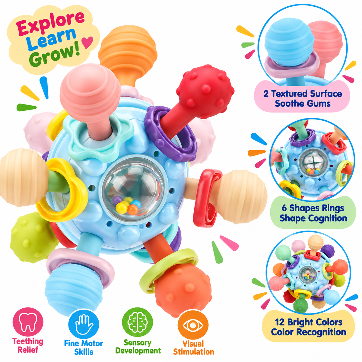Baby Montessori Sensory Teething Toy 0-6 6-12 Months - Teether Ball & Rattle