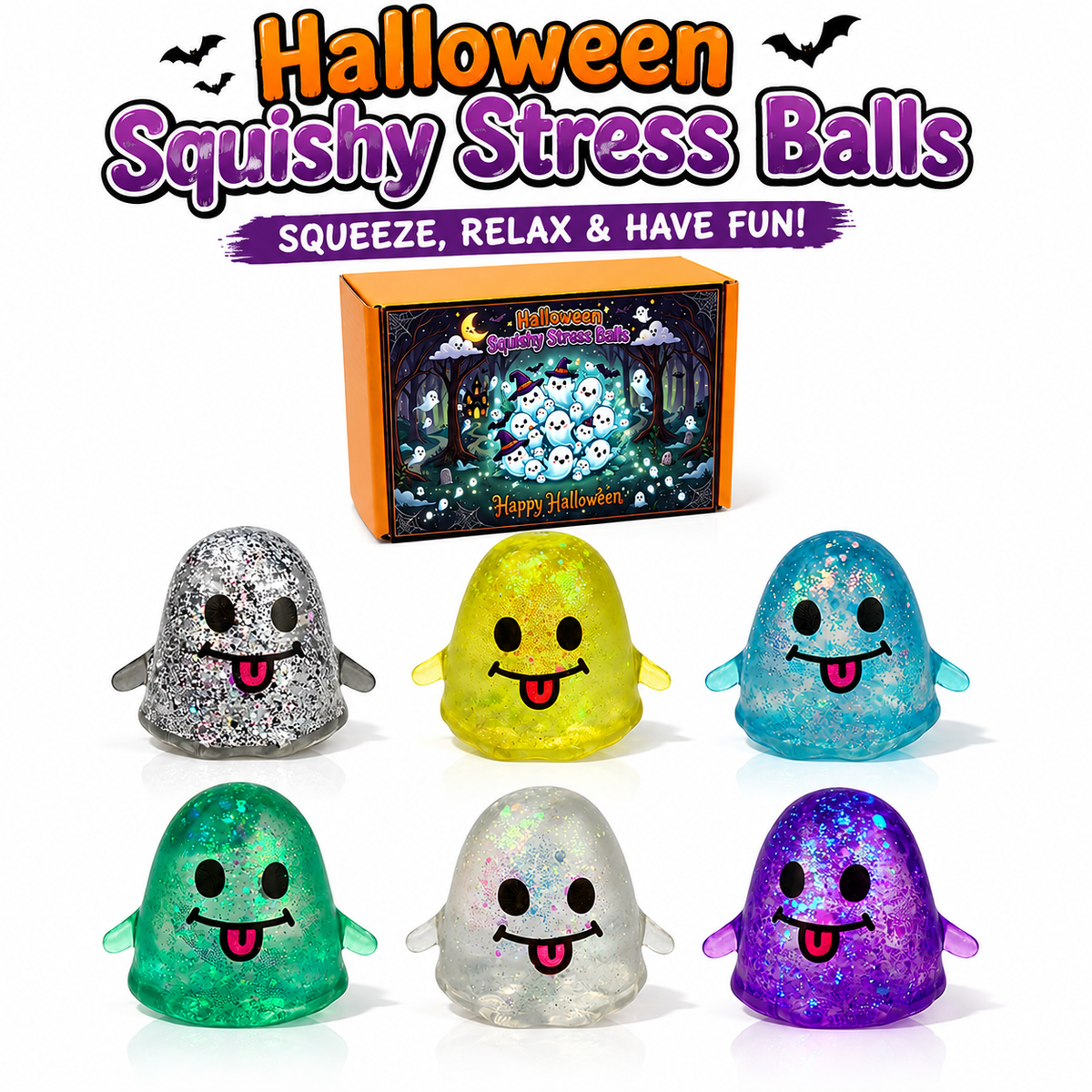 6 Pack Halloween Ghost Stress Balls Glitter Squishy Squeeze Toys for Kids Stress Relief Halloween Party Favors Halloween Treat Bags Gifts