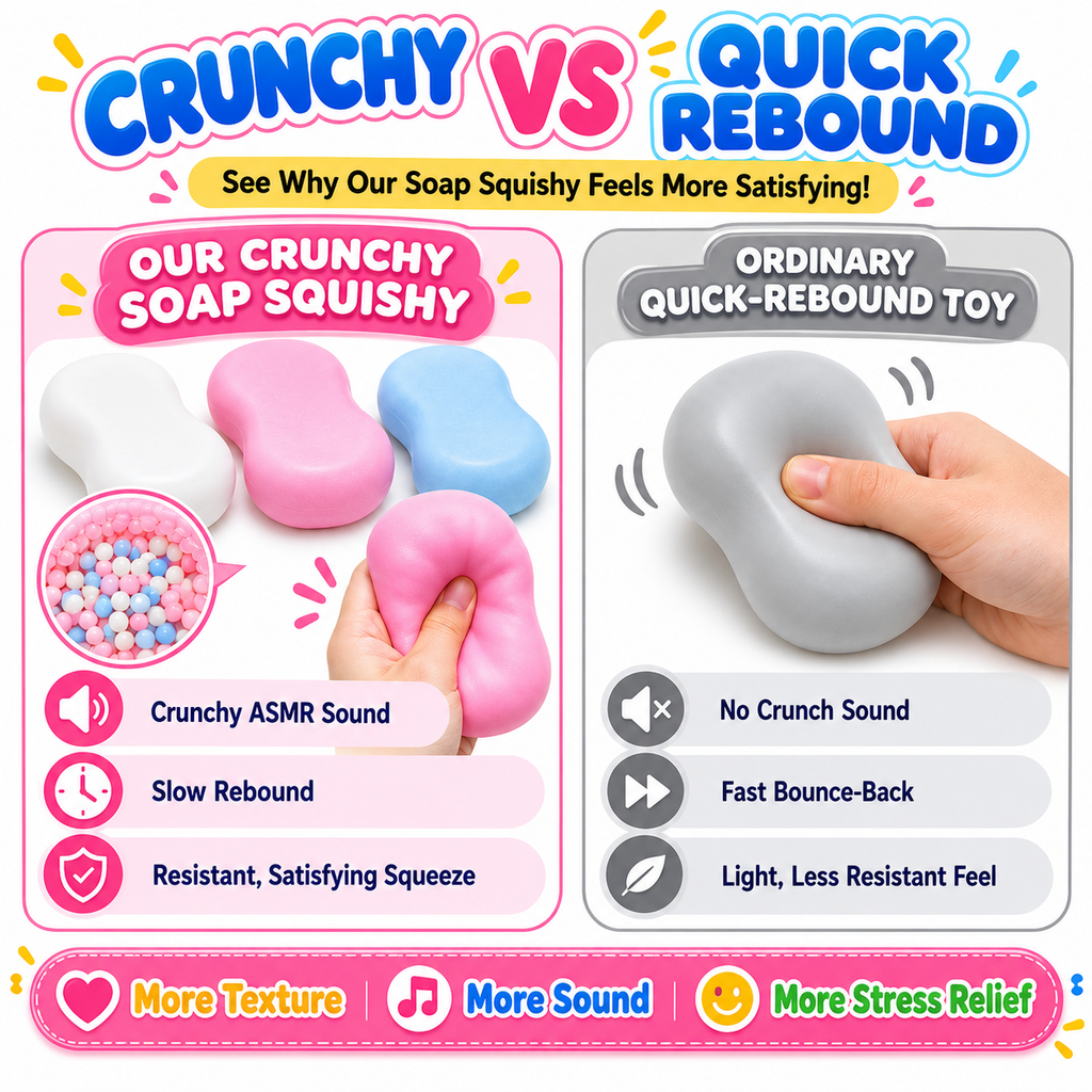 Crunchy Soap Squishy ASMR Toy - Soft Squeeze Fidget Toy with Satisfying Crunchy Texture - Soap Shaped Stress Relief Toy with Gift Box - Fun Novelty Gift for Kids Teens Adults (Pink)