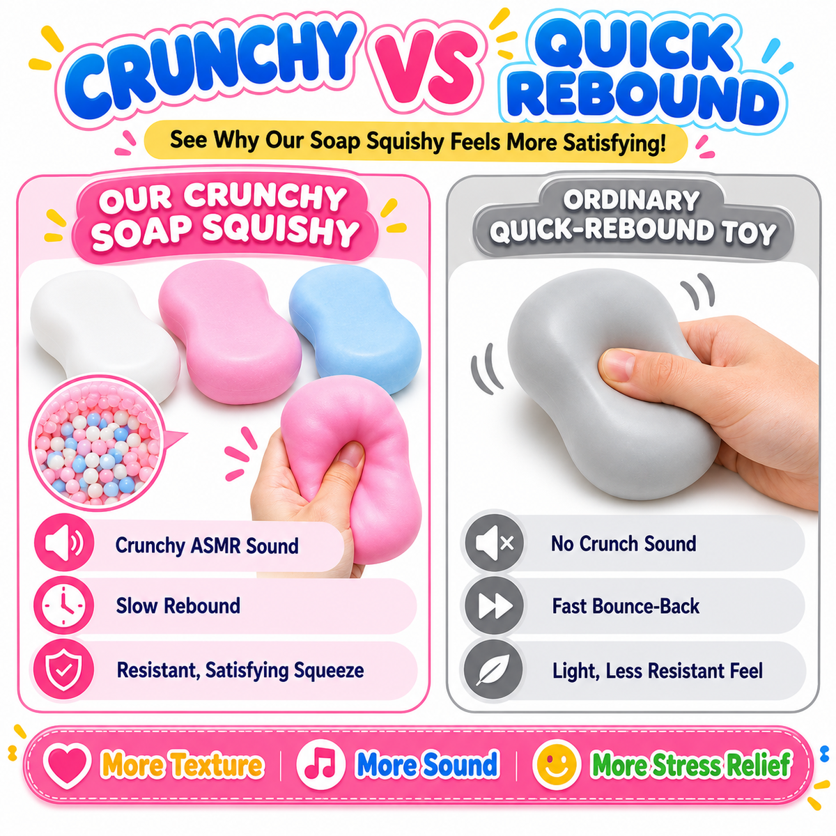 Crunchy Soap Squishy ASMR Toy - Soft Squeeze Fidget Toy with Satisfying Crunchy Texture - Soap Shaped Stress Relief Toy with Gift Box - Fun Novelty Gift for Kids Teens Adults (Pink)