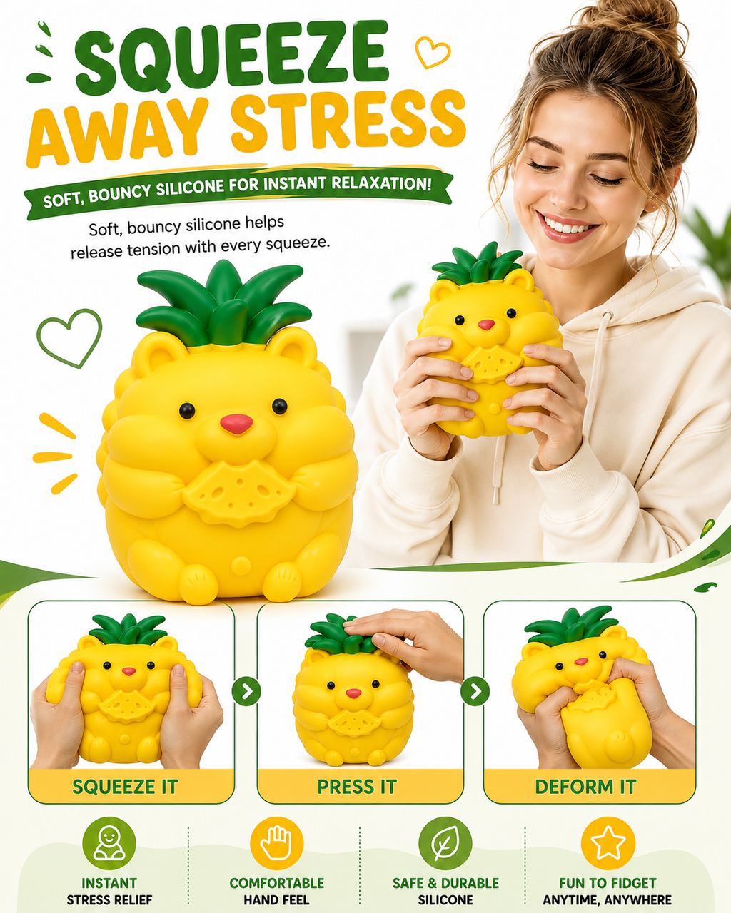 Pineapple Bear Squishy Toy – Cute Squeeze Fidget Toy for Kids & Adults