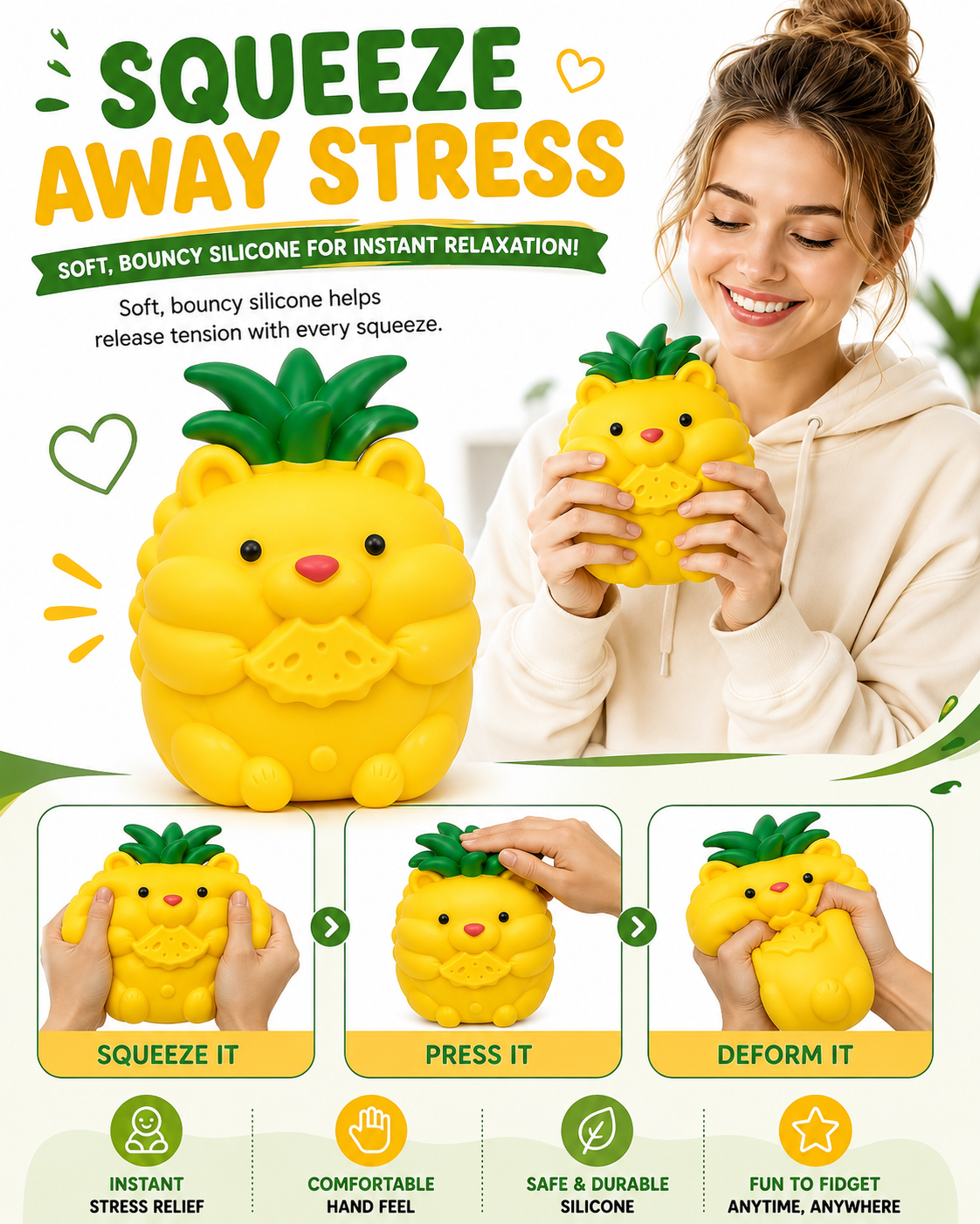 Pineapple Bear Squishy Toy – Cute Squeeze Fidget Toy for Kids & Adults