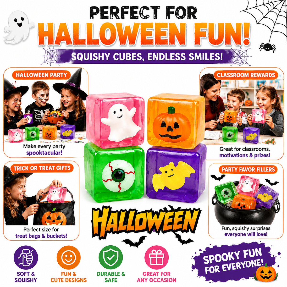4 Pack Halloween Stress Cube Glow in the Dark Slow Rising Cube Squishy