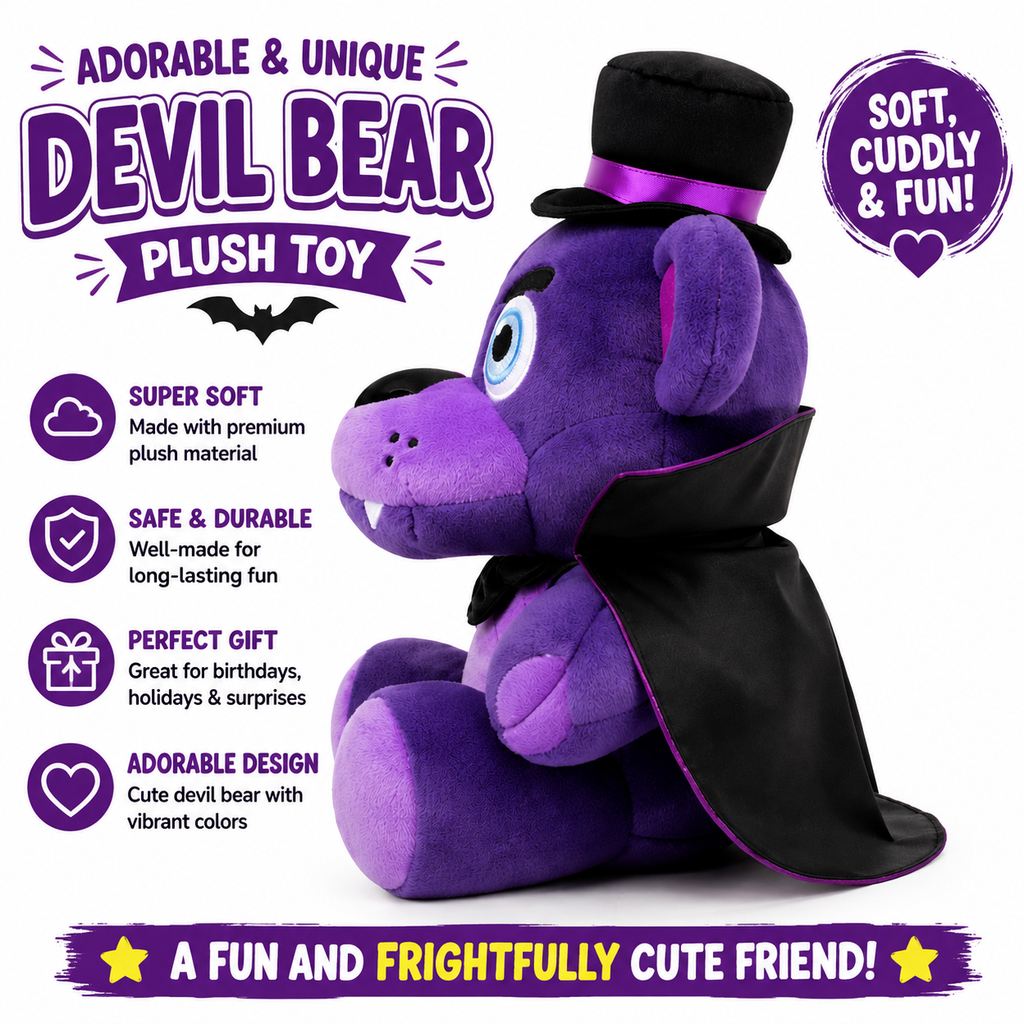 Purple Devil Bear Plush Toy – Cute Vampire Stuffed Animal with Top Hat & Cape