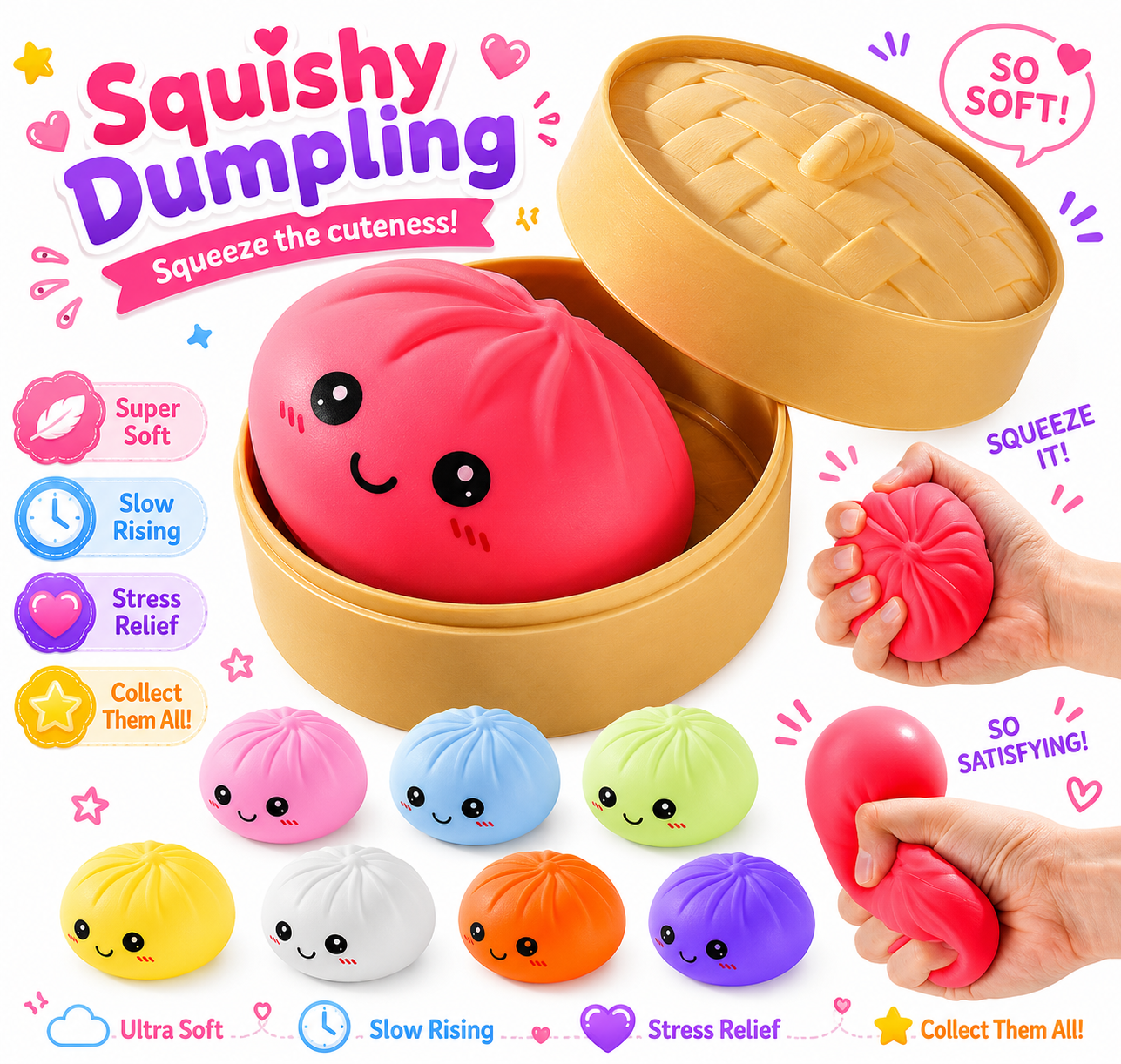 Dumpling Squishy Toys -  Gaint Dumpling Squishy Mystery Box - Assorted Colors - Colorful Squishies Dumplings Stress Balls Toy - Stocking Stuffers with Food Steamer Stretchy Desk Toy