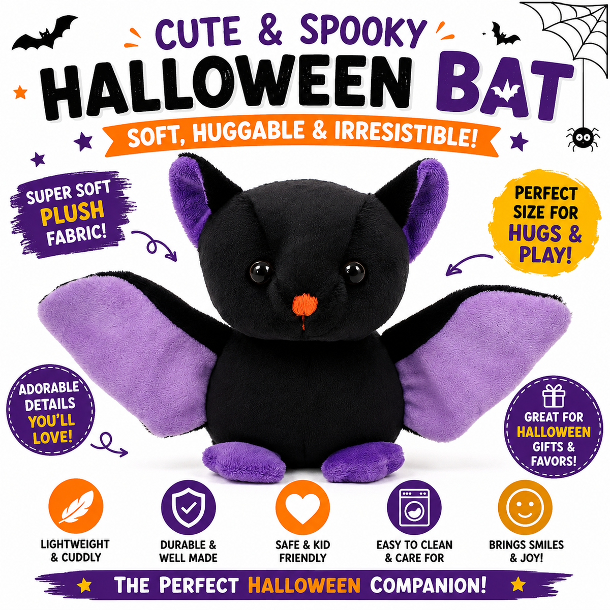 Plushland Halloween Black Bat Stuffed Animal Plush Toys,Soft Toy Gifts for Kids 7 Inch
