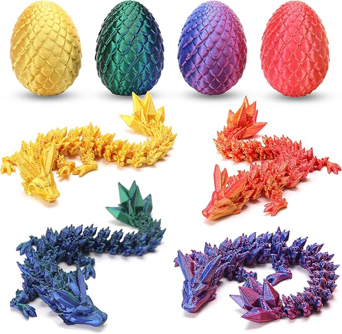 4PCS 3D Printed Dragon Eggs - 3D Printer Articulated Crystal Dragon Toys for Kids - Cool Dinosaur Eggs Fidget Toys for Teens - Stocking Stuffers for Kids - Easter Christmas Birthday Gifts for Boys Girls