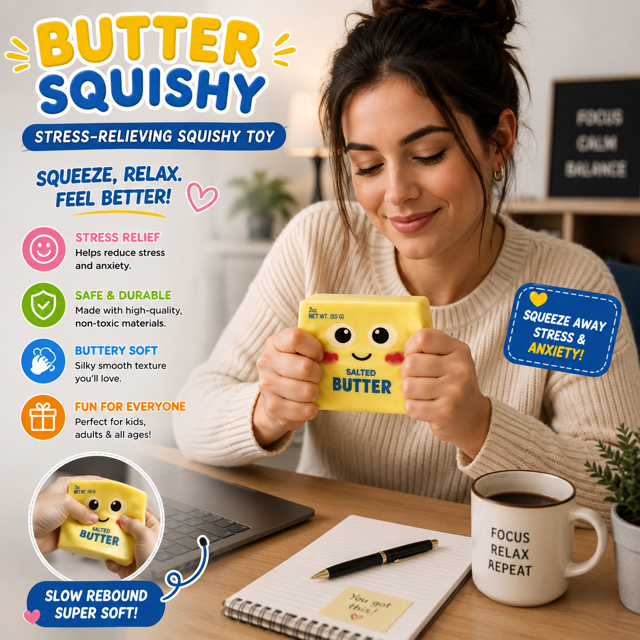 New Upgraded Smile Face Butter Squishy Toys - Slow Rebound Dumpling Squishy - Soft Stretchy Sensory Squeeze Toys - Stress Relief Fidget Toys - Office Desk Toys & Daily Leisure Gifts (Smiley)