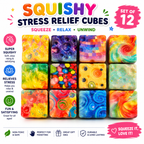 Squishy Cube Toy - 12 Pcs Set - Slow Rising Sensory Fidget Cube - Soft Stress Relief Squeeze Toy for Kids and Adults