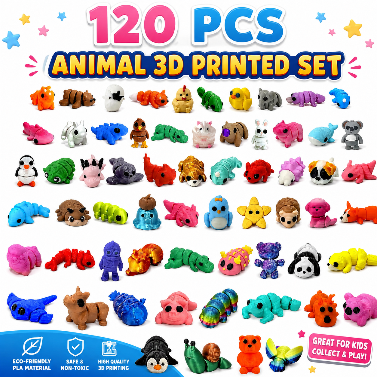 120 Pcs Mini 3D Printed Animal Set - Articulated Flexible Cute Animal Toys for Christmas - New Year - Birthday Gifts(Sizes Vary -  Styles Shipped Randomly)