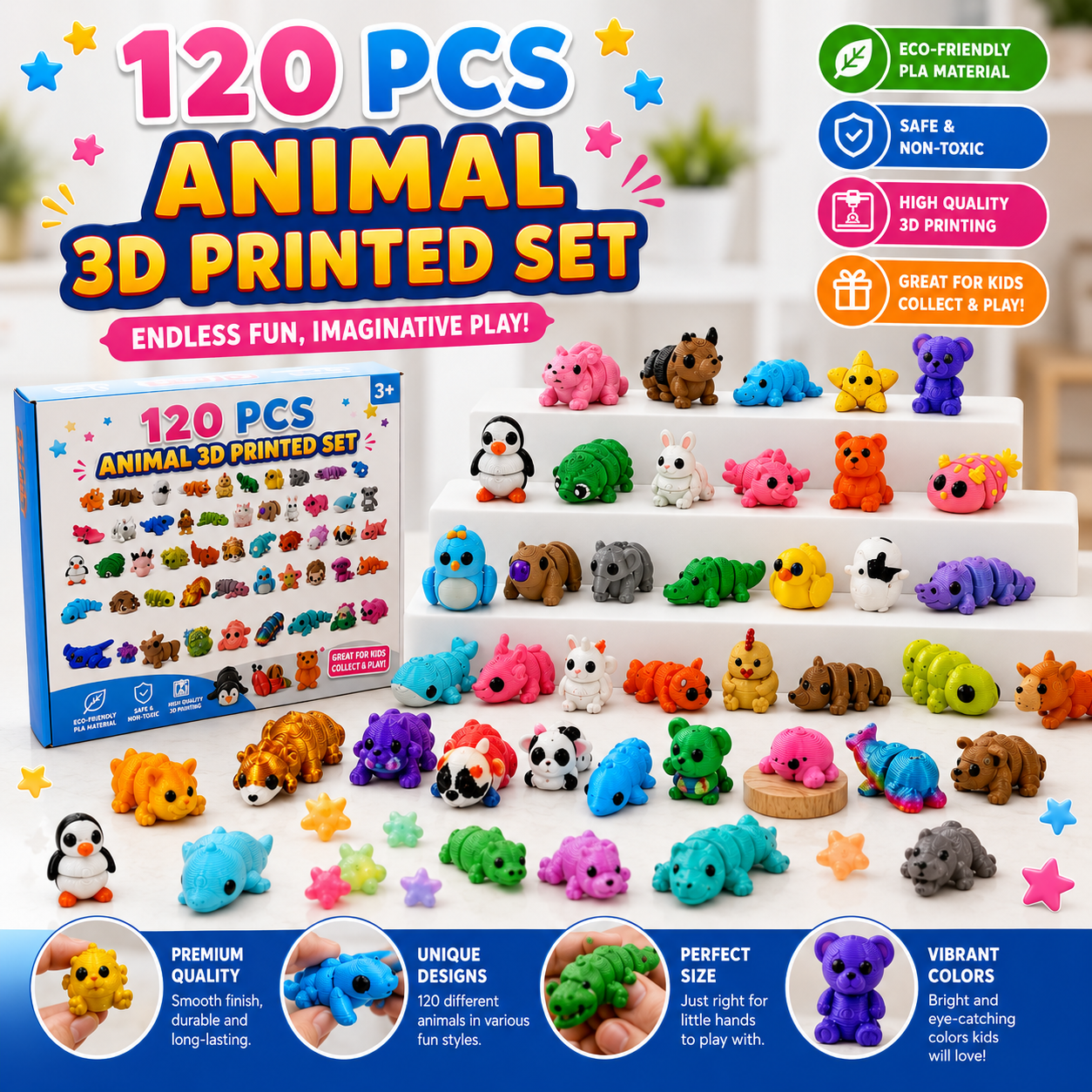 120 Pcs Mini 3D Printed Animal Set - Articulated Flexible Cute Animal Toys for Christmas - New Year - Birthday Gifts(Sizes Vary -  Styles Shipped Randomly)
