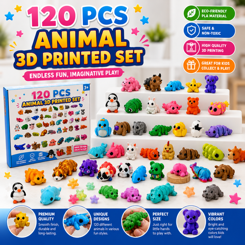 120 Pcs Mini 3D Printed Animal Set - Articulated Flexible Cute Animal Toys for Christmas - New Year - Birthday Gifts(Sizes Vary -  Styles Shipped Randomly)