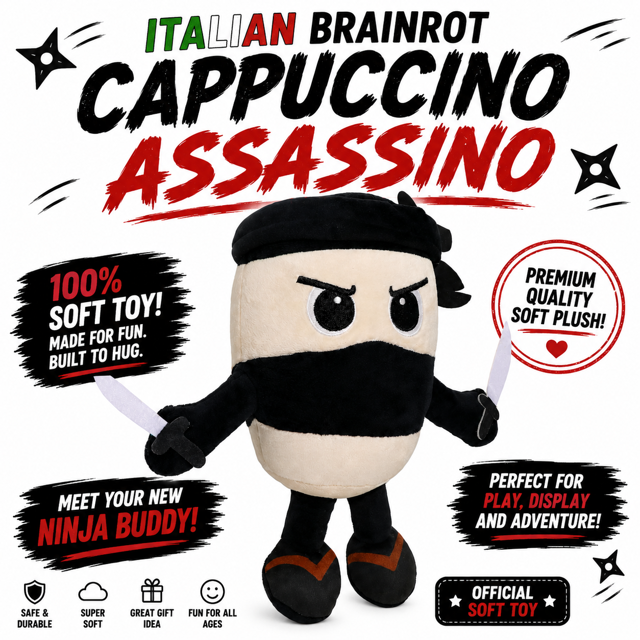 Italian Brainrot Plush - Cappuccino Assassino - Cute Stuffed Figure Doll for Kids and Adults Inspired Plush Toy